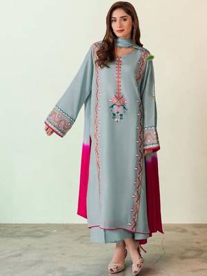 Floral Embroidered Mirror Work Silk Crepe Kurta with Palazzos & With Dupatta 3