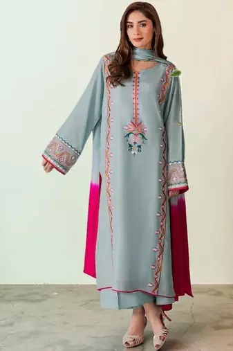 Floral Embroidered Mirror Work Silk Crepe Kurta with Palazzos & With Dupatta