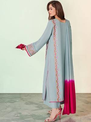 Floral Embroidered Mirror Work Silk Crepe Kurta with Palazzos & With Dupatta 4