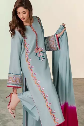 Floral Embroidered Mirror Work Silk Crepe Kurta with Palazzos & With Dupatta