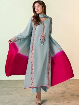 Floral Embroidered Mirror Work Silk Crepe Kurta with Palazzos & With Dupatta 6