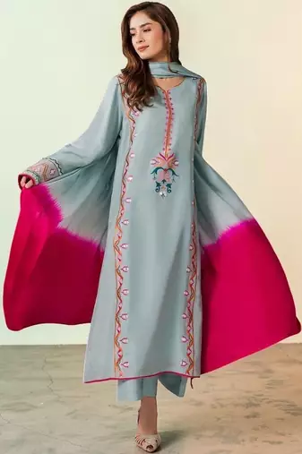 Floral Embroidered Mirror Work Silk Crepe Kurta with Palazzos & With Dupatta
