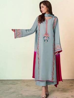 Floral Embroidered Mirror Work Silk Crepe Kurta with Palazzos & With Dupatta 7