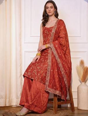 Women Floral Embroidered Regular Sequinned Kurta with Palazzos & With Dupatta 1
