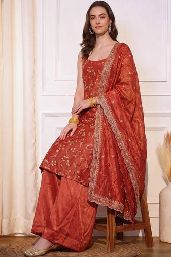 Women Floral Embroidered Regular Sequinned Kurta with Palazzos & With Dupatta