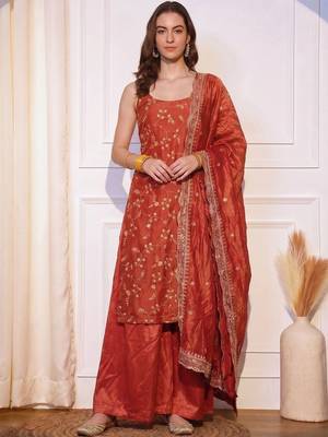 Women Floral Embroidered Regular Sequinned Kurta with Palazzos & With Dupatta 2