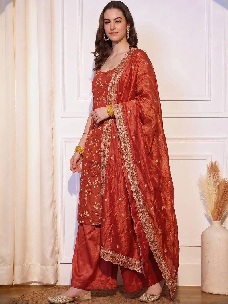 Women Floral Embroidered Regular Sequinned Kurta with Palazzos & With Dupatta