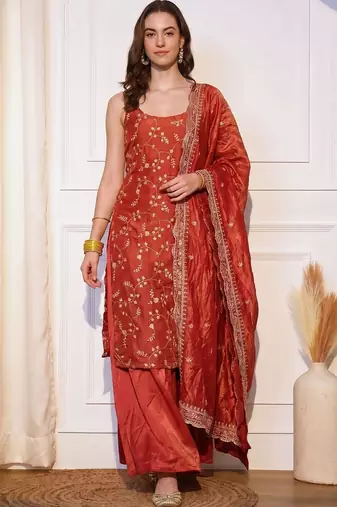 Women Floral Embroidered Regular Sequinned Kurta with Palazzos & With Dupatta