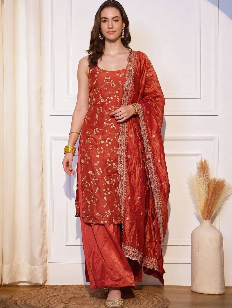 Women Floral Embroidered Regular Sequinned Kurta with Palazzos & With Dupatta