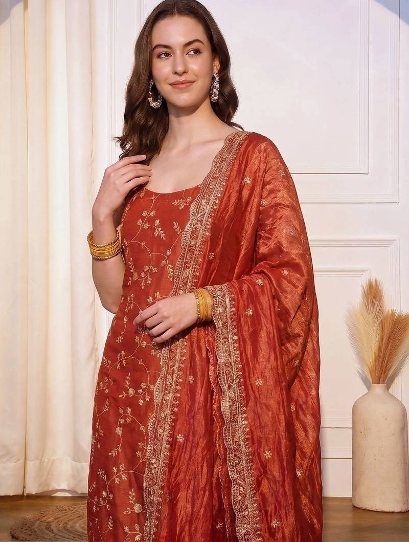 Women Floral Embroidered Regular Sequinned Kurta with Palazzos & With Dupatta