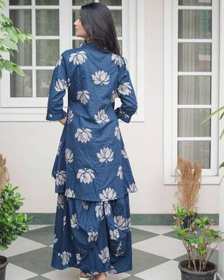ROYAL INDIGO LOTUS PRINT DHOTI & A-LINE TUNIC SET WITH FRINGE ACCENTS 2