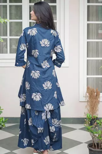 ROYAL INDIGO LOTUS PRINT DHOTI & A-LINE TUNIC SET WITH FRINGE ACCENTS