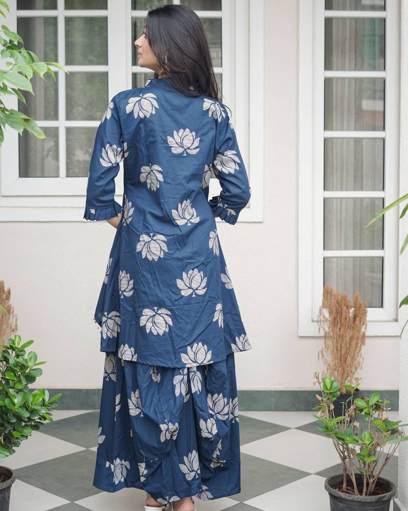 ROYAL INDIGO LOTUS PRINT DHOTI & A-LINE TUNIC SET WITH FRINGE ACCENTS