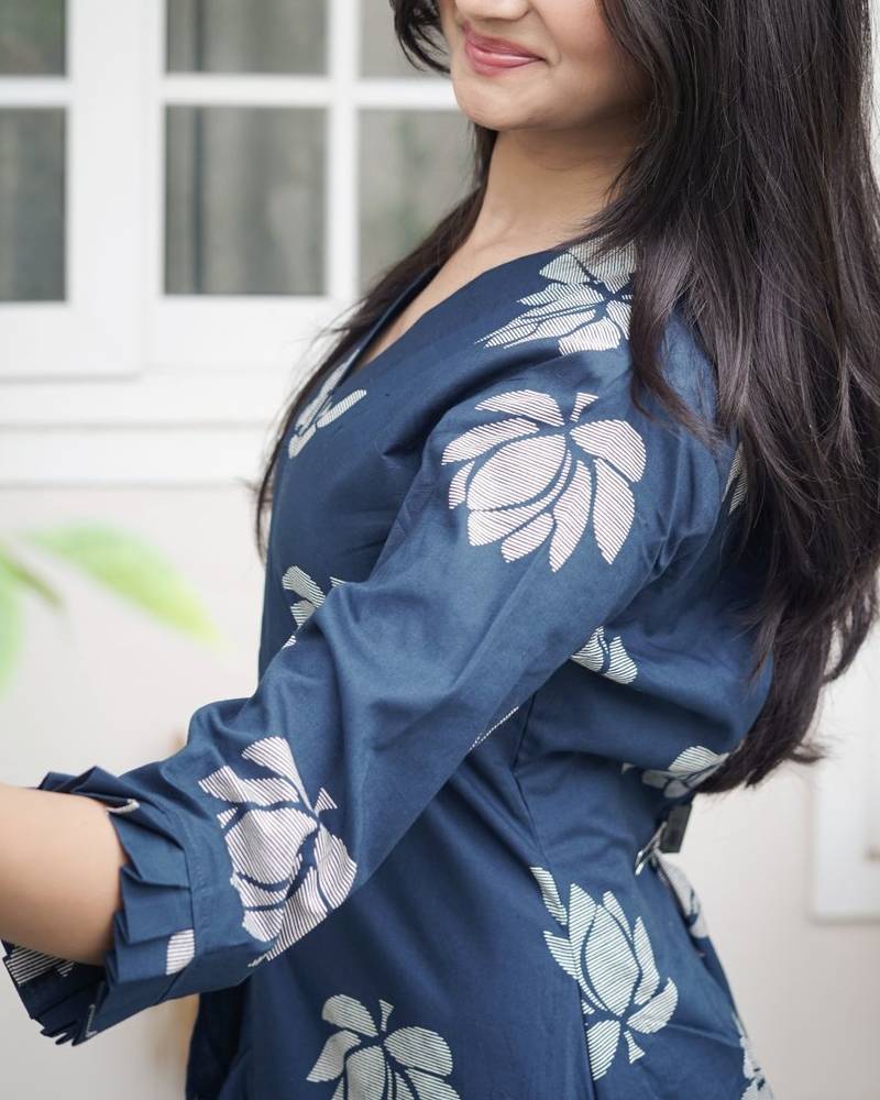 ROYAL INDIGO LOTUS PRINT DHOTI & A-LINE TUNIC SET WITH FRINGE ACCENTS