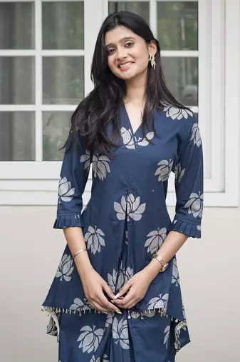 ROYAL INDIGO LOTUS PRINT DHOTI & A-LINE TUNIC SET WITH FRINGE ACCENTS
