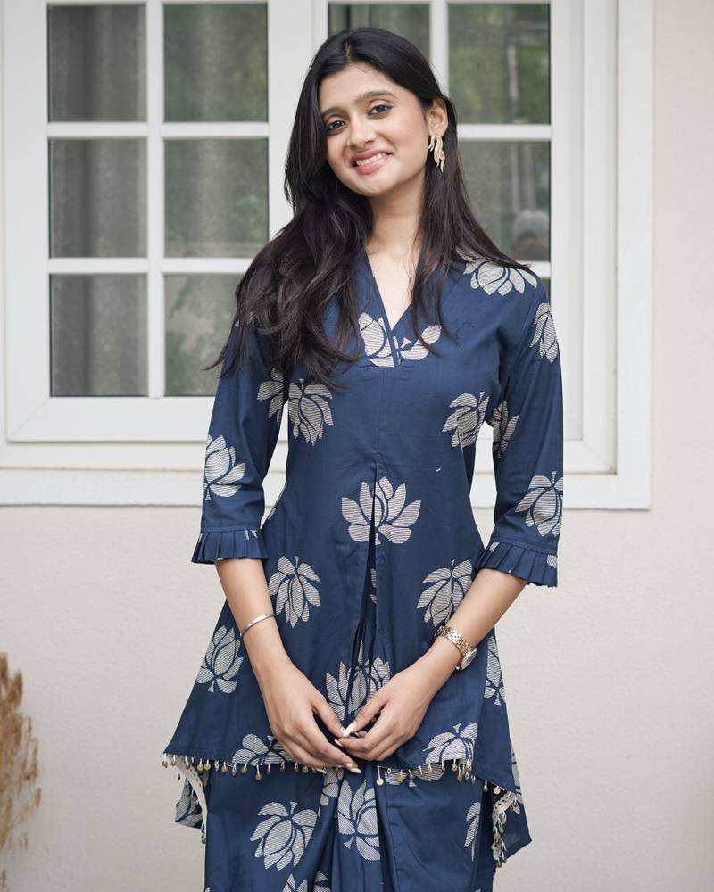ROYAL INDIGO LOTUS PRINT DHOTI & A-LINE TUNIC SET WITH FRINGE ACCENTS