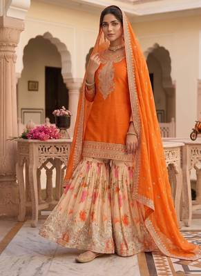 Festive orange heavy embroidery kurta floral sharara set with border dupatta 1