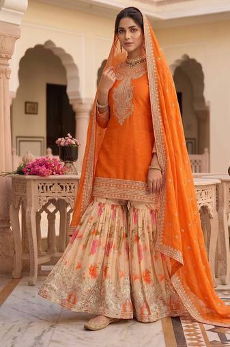Festive orange heavy embroidery kurta floral sharara set with border dupatta