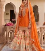 Festive orange heavy embroidery kurta floral sharara set with border dupatta