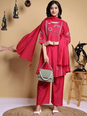 Women Floral Embroidered Pleated Thread Work Kurta with Palazzos & With Dupatta 1
