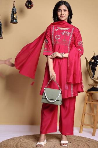 Women Floral Embroidered Pleated Thread Work Kurta with Palazzos & With Dupatta
