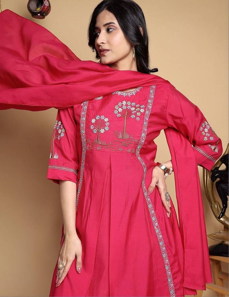 Women Floral Embroidered Pleated Thread Work Kurta with Palazzos & With Dupatta