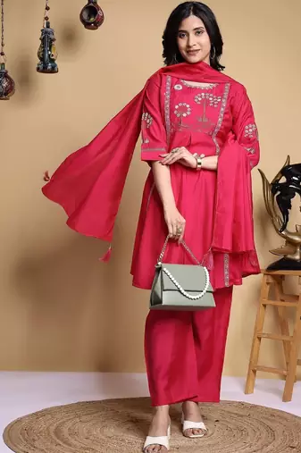Women Floral Embroidered Pleated Thread Work Kurta with Palazzos & With Dupatta