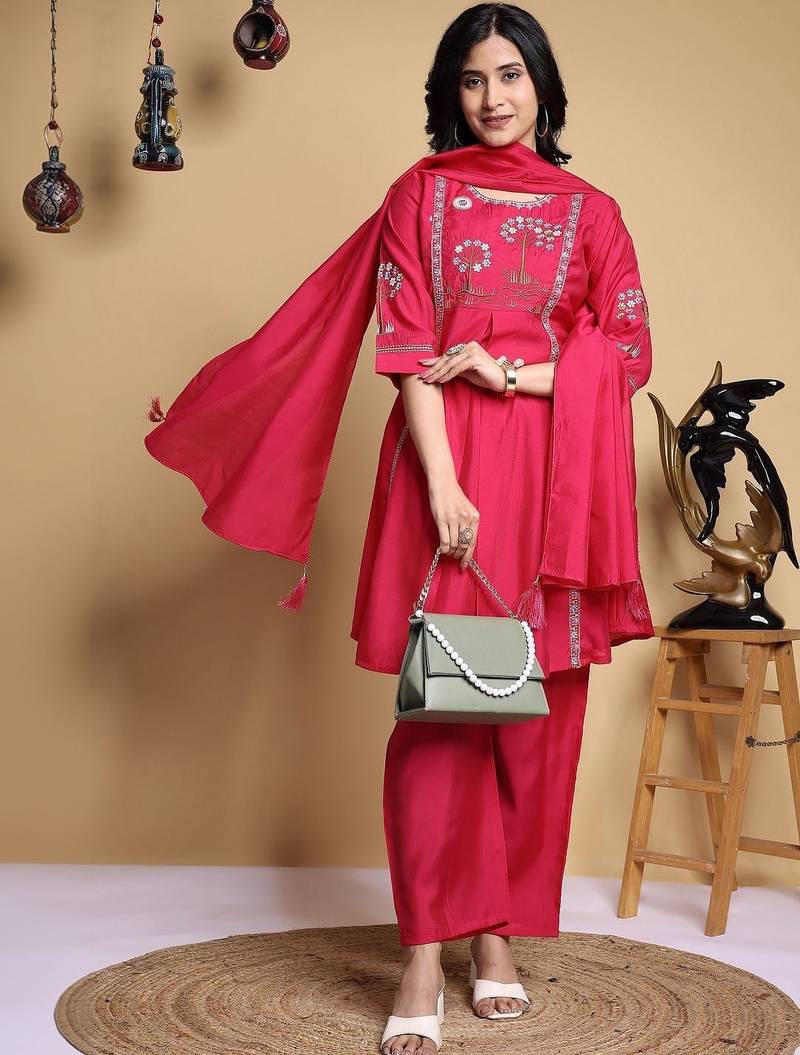 Women Floral Embroidered Pleated Thread Work Kurta with Palazzos & With Dupatta
