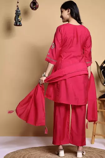 Women Floral Embroidered Pleated Thread Work Kurta with Palazzos & With Dupatta