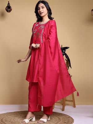 Women Floral Embroidered Pleated Thread Work Kurta with Palazzos & With Dupatta 6