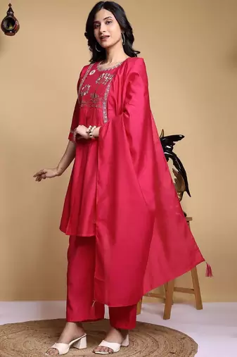 Women Floral Embroidered Pleated Thread Work Kurta with Palazzos & With Dupatta