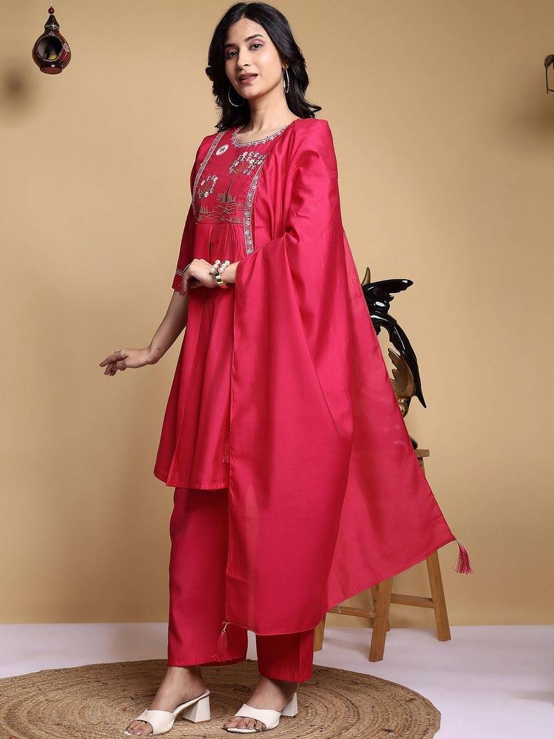 Women Floral Embroidered Pleated Thread Work Kurta with Palazzos & With Dupatta