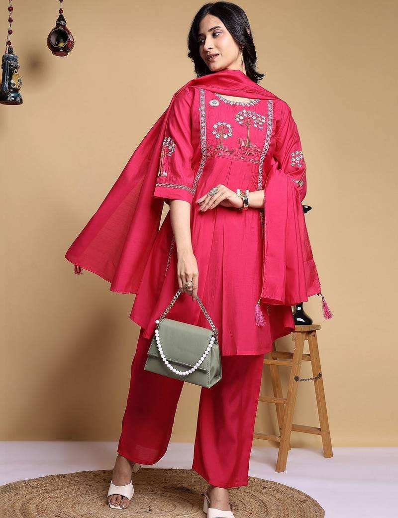 Women Floral Embroidered Pleated Thread Work Kurta with Palazzos & With Dupatta