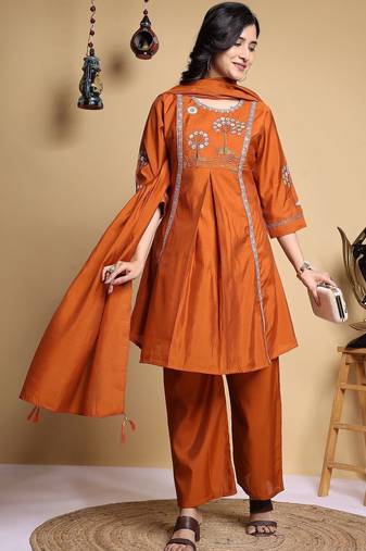 Embroidered Pleated Thread Work Chanderi Silk Kurta with Palazzos & With Dupatta