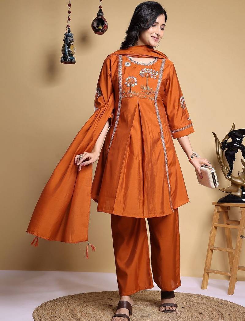 Embroidered Pleated Thread Work Chanderi Silk Kurta with Palazzos & With Dupatta
