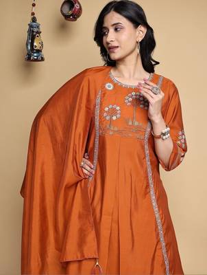 Embroidered Pleated Thread Work Chanderi Silk Kurta with Palazzos & With Dupatta 2