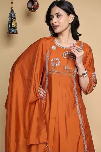 Embroidered Pleated Thread Work Chanderi Silk Kurta with Palazzos & With Dupatta