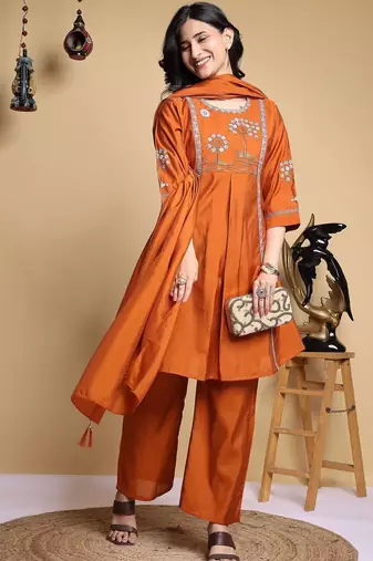 Embroidered Pleated Thread Work Chanderi Silk Kurta with Palazzos & With Dupatta