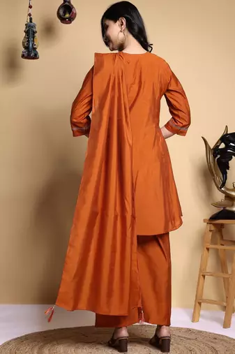 Embroidered Pleated Thread Work Chanderi Silk Kurta with Palazzos & With Dupatta