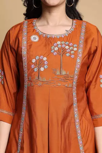 Embroidered Pleated Thread Work Chanderi Silk Kurta with Palazzos & With Dupatta