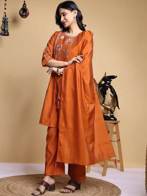 Embroidered Pleated Thread Work Chanderi Silk Kurta with Palazzos & With Dupatta 6