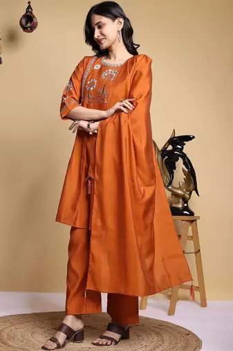 Embroidered Pleated Thread Work Chanderi Silk Kurta with Palazzos & With Dupatta