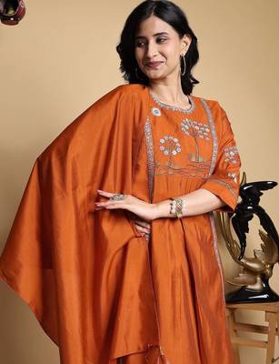 Embroidered Pleated Thread Work Chanderi Silk Kurta with Palazzos & With Dupatta 7