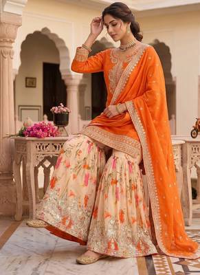 Festive orange heavy embroidery kurta floral sharara set with border dupatta 2