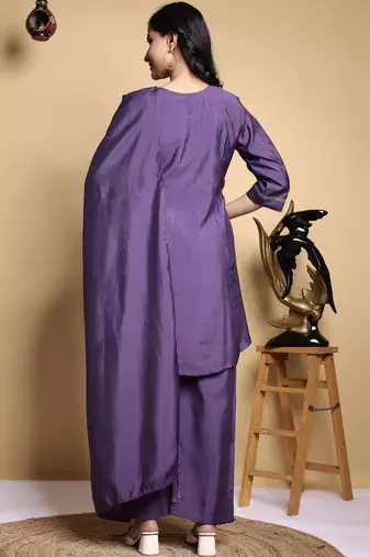 Women Floral Embroidered Pleated Thread Work Kurta with Palazzos & With Dupatta
