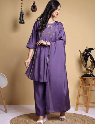 Women Floral Embroidered Pleated Thread Work Kurta with Palazzos & With Dupatta 6
