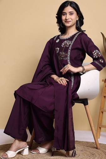Women Floral Embroidered Pleated Thread Work Kurta with Palazzos & With Dupatta