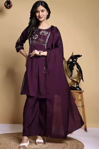 Women Floral Embroidered Pleated Thread Work Kurta with Palazzos & With Dupatta