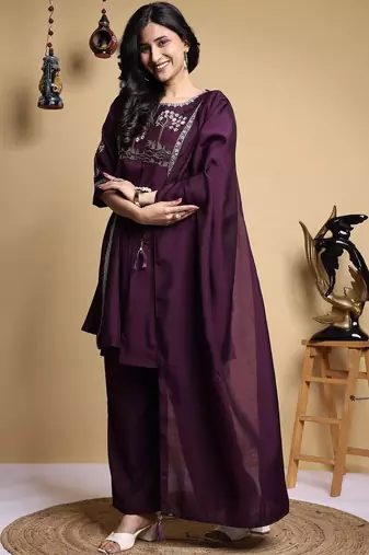 Women Floral Embroidered Pleated Thread Work Kurta with Palazzos & With Dupatta