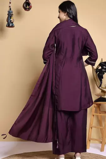Women Floral Embroidered Pleated Thread Work Kurta with Palazzos & With Dupatta